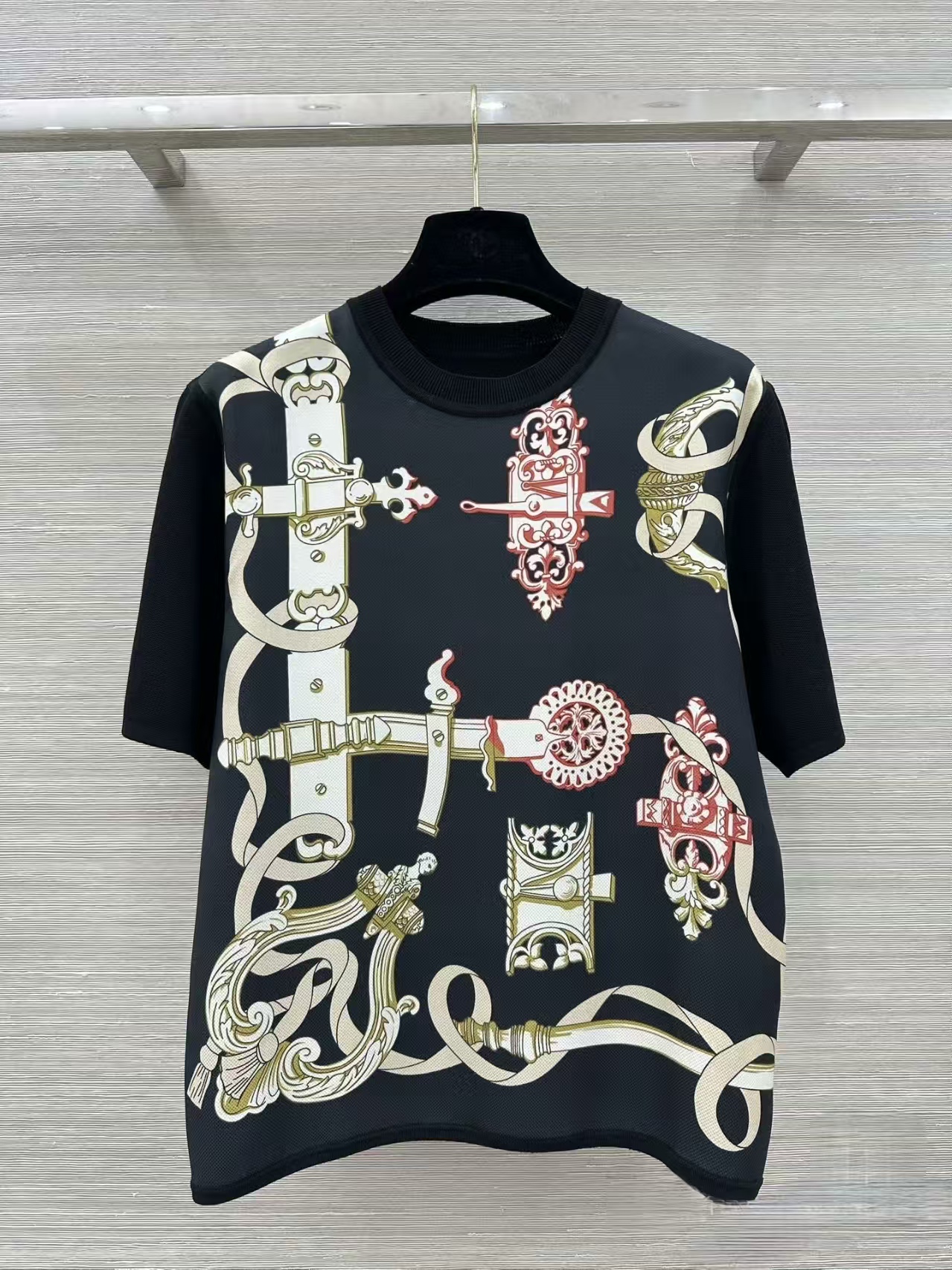 Hermes Silk Carriage Print Spliced Silk WoolShort Sleeve Top