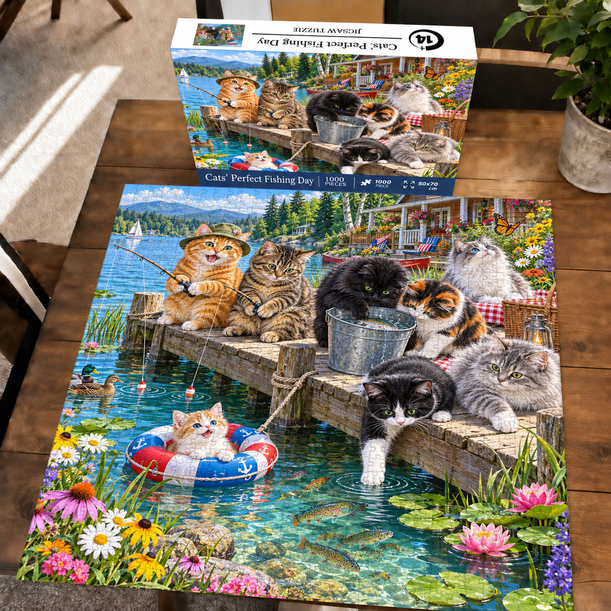 Cats’ Perfect Fishing Day Jigsaw Puzzle 1000 Pieces – Whimsical Lakeside Cat Puzzle for Cat Lovers
