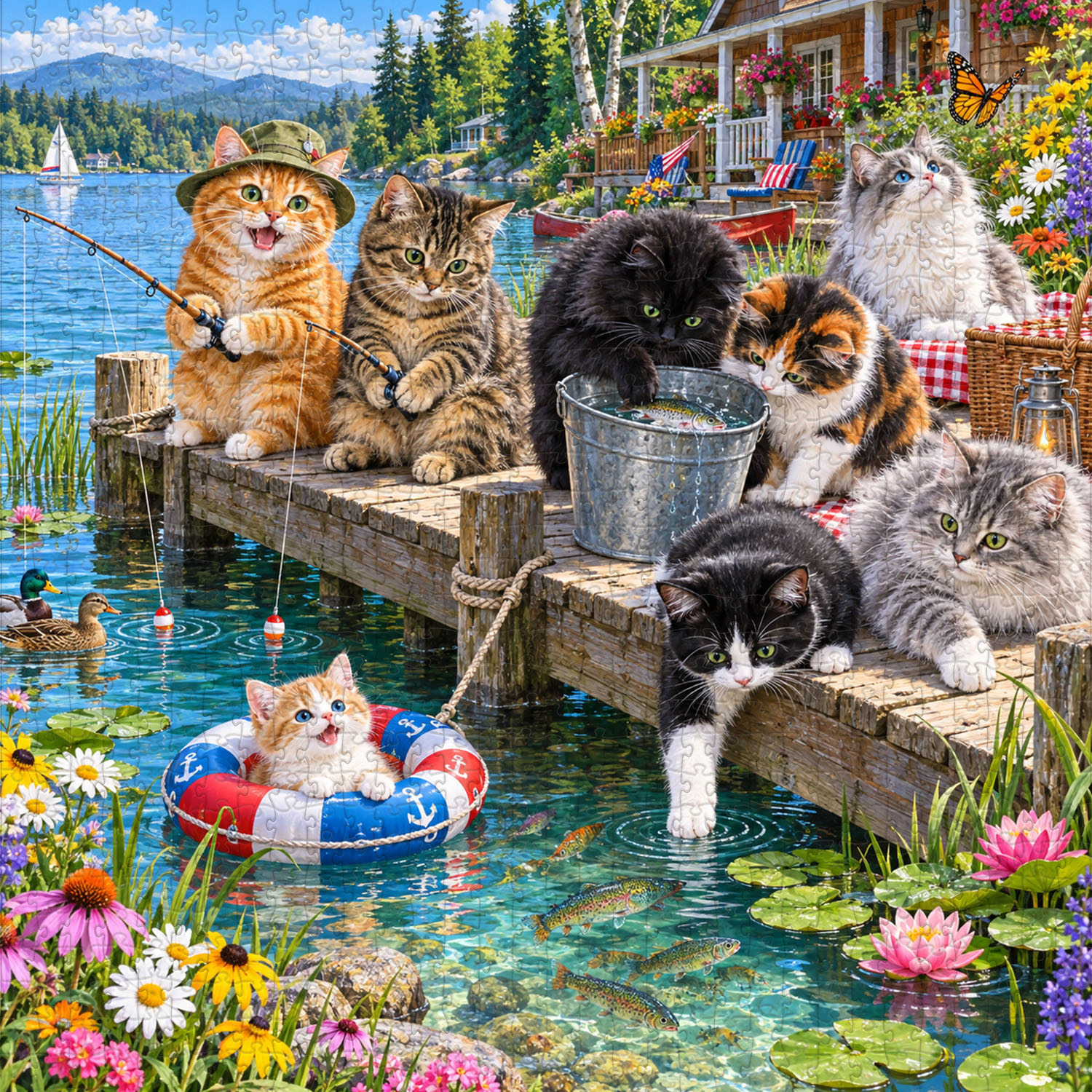 Cats’ Perfect Fishing Day Jigsaw Puzzle 1000 Pieces – Whimsical Lakeside Cat Puzzle for Cat Lovers