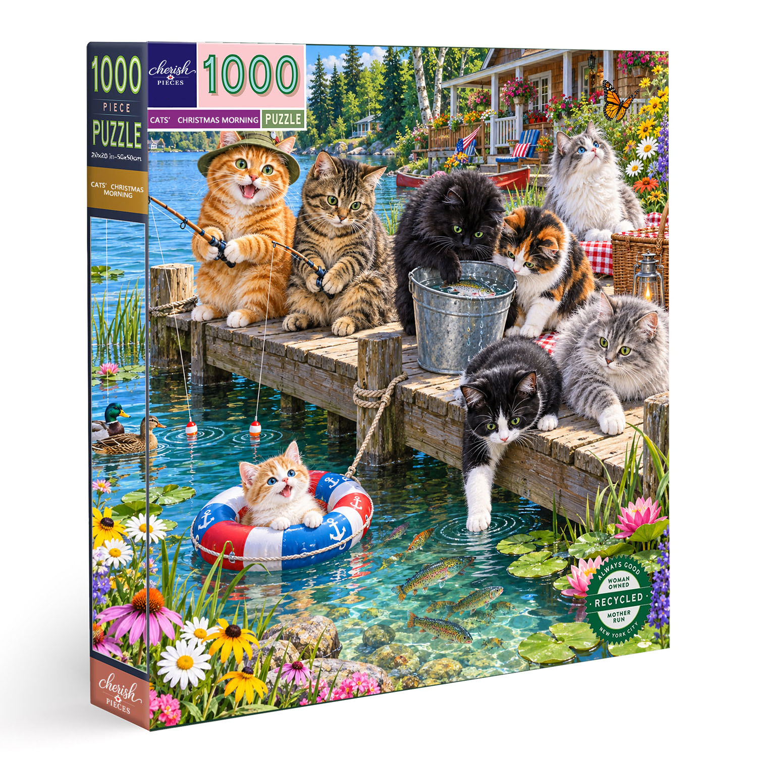 Cats’ Perfect Fishing Day Jigsaw Puzzle 1000 Pieces – Whimsical Lakeside Cat Puzzle for Cat Lovers