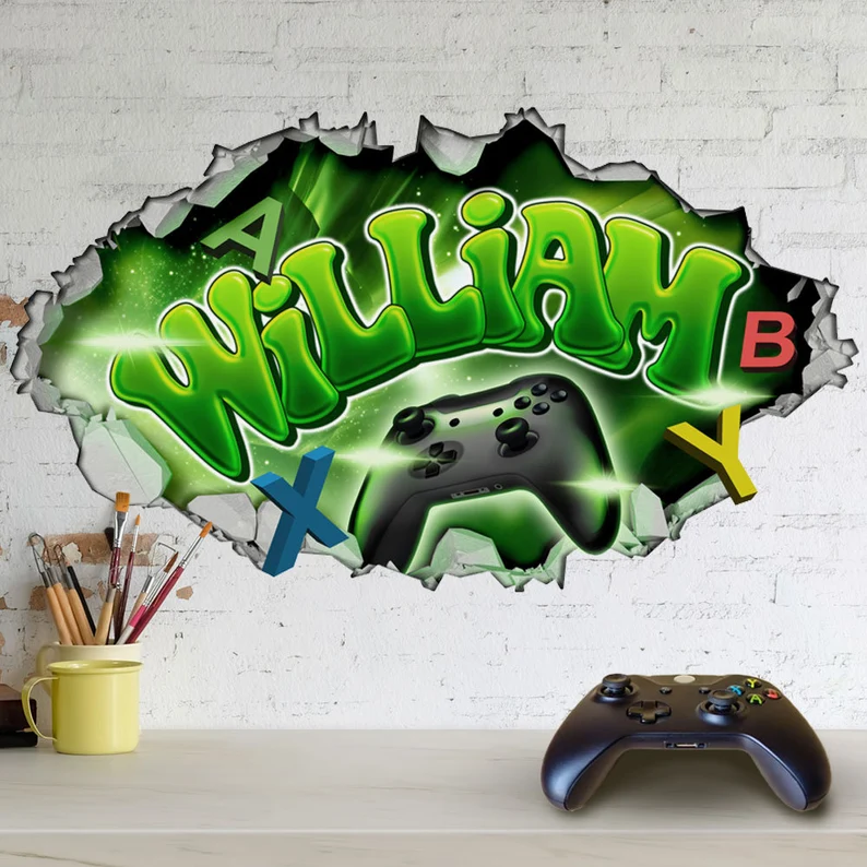 Personalised Large Sized 3D Cracked Wall Effect Gamer Wall Decal/Sticker