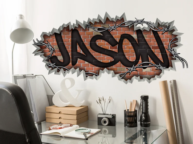 Personalized Name Graffiti Brick Barbed Wire Name Wall Decal -Teen Room Decal