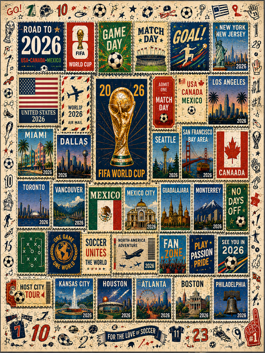 2026 World Cup - Soccer Host City Stamp Puzzle - 500/1000 Piece Jigsaw Puzzle
