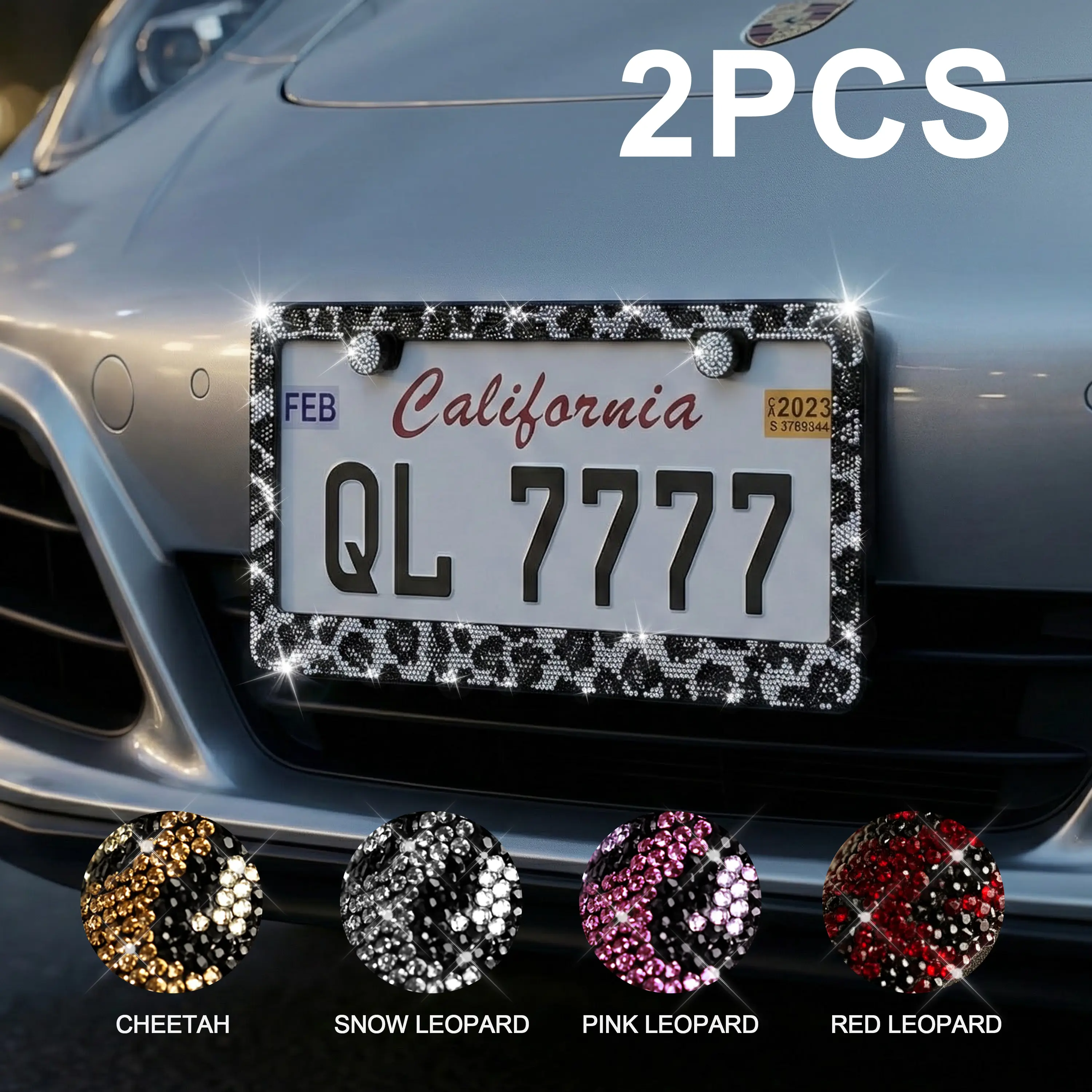 2PCS Bling Leopard License Plate Frames with Crystal Rhinestones