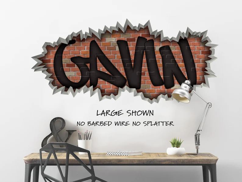 Personalized Name Graffiti Brick Barbed Wire Name Wall Decal -Teen Room Decal