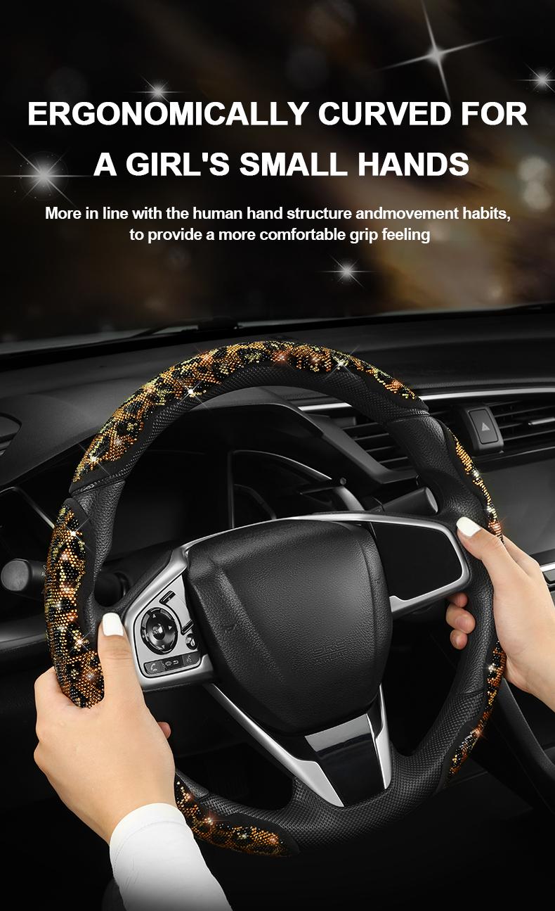 Queen's Land Leopard Universal Steering Wheel Cover with Crystal Rhinestones Diamond Bling Car Cheetah Decor Gift for Girls Women Pink Red Black Leopard Car Accessories for Truck SUV