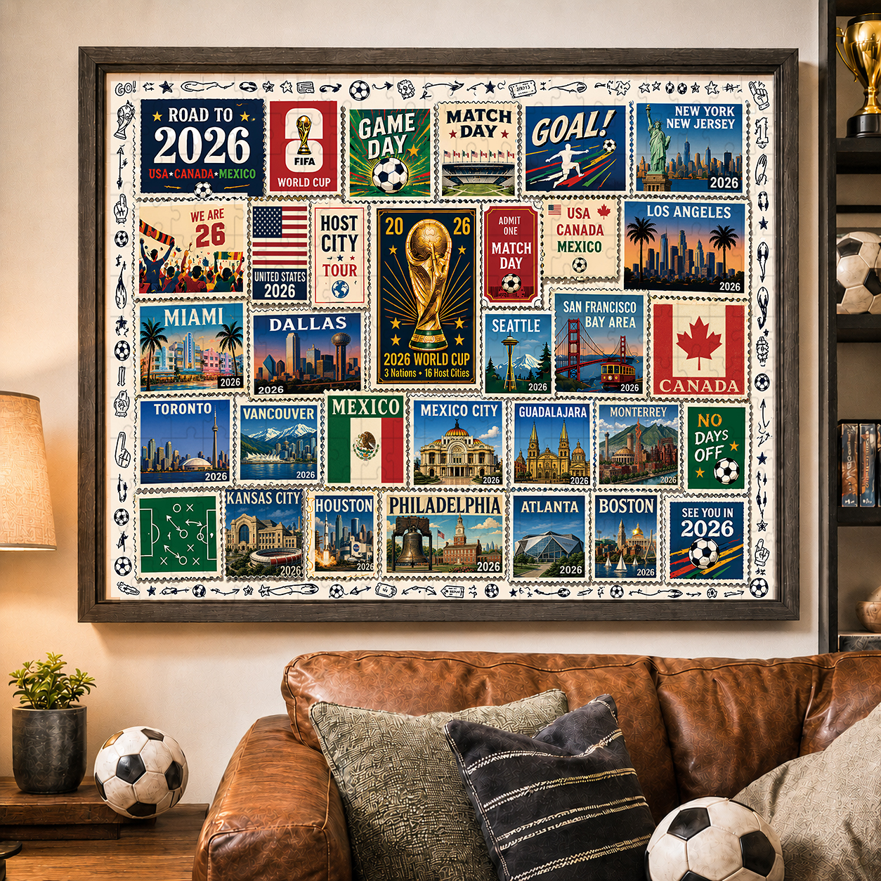 2026 World Cup Soccer Host City Stamp Puzzle - 500/1000 Piece Jigsaw Puzzle