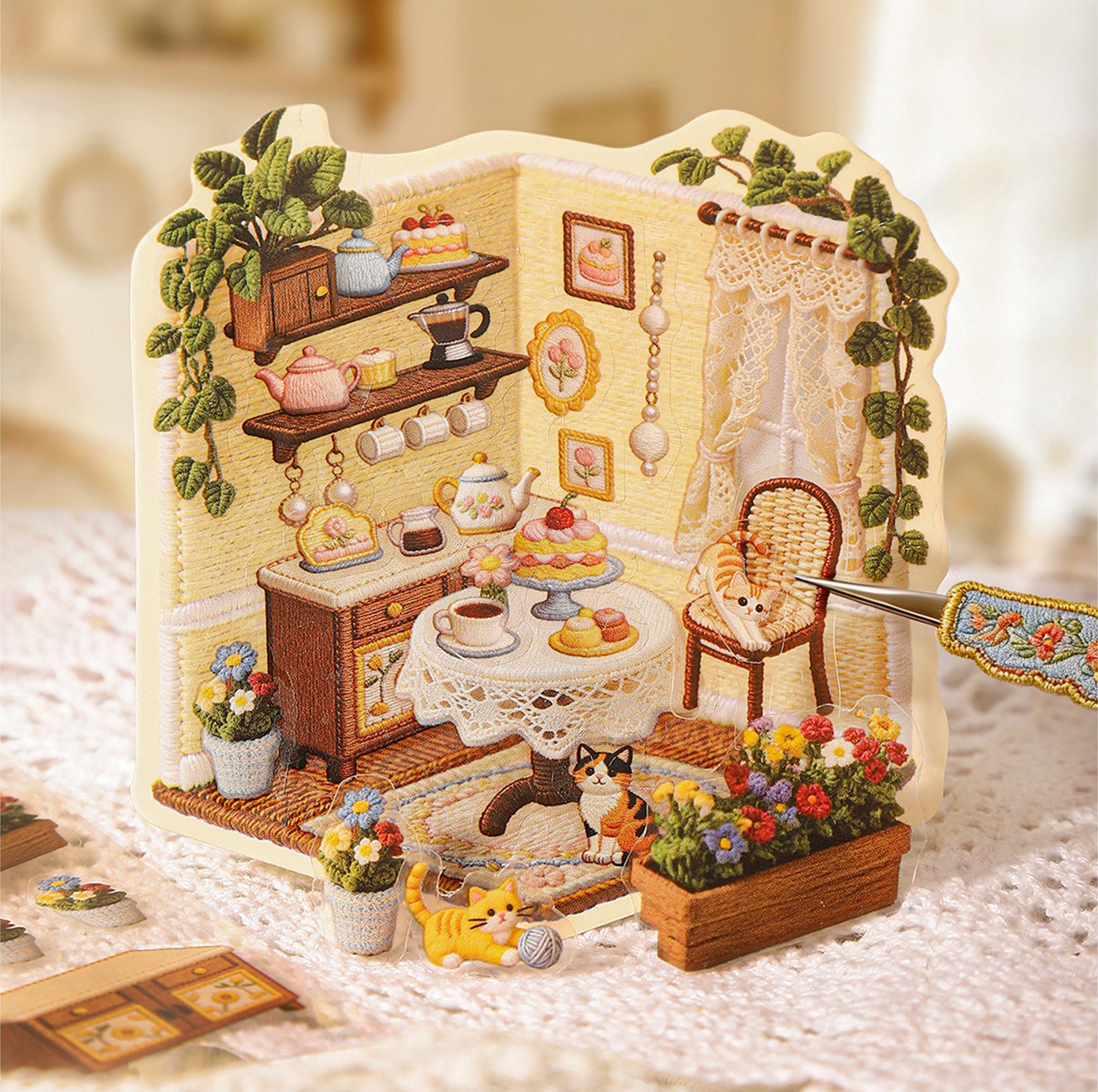 2026 Embroidery-Themed 3D Miniature Scene Stickers – DIY Craft Stickers