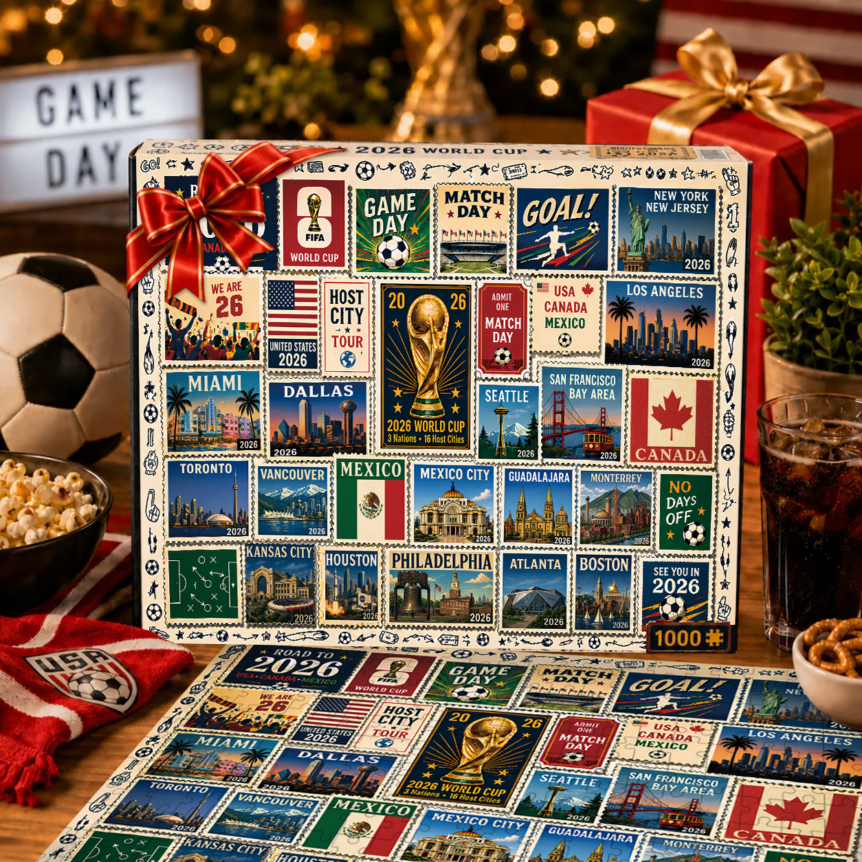 2026 World Cup Soccer Host City Stamp Puzzle - 500/1000 Piece Jigsaw Puzzle