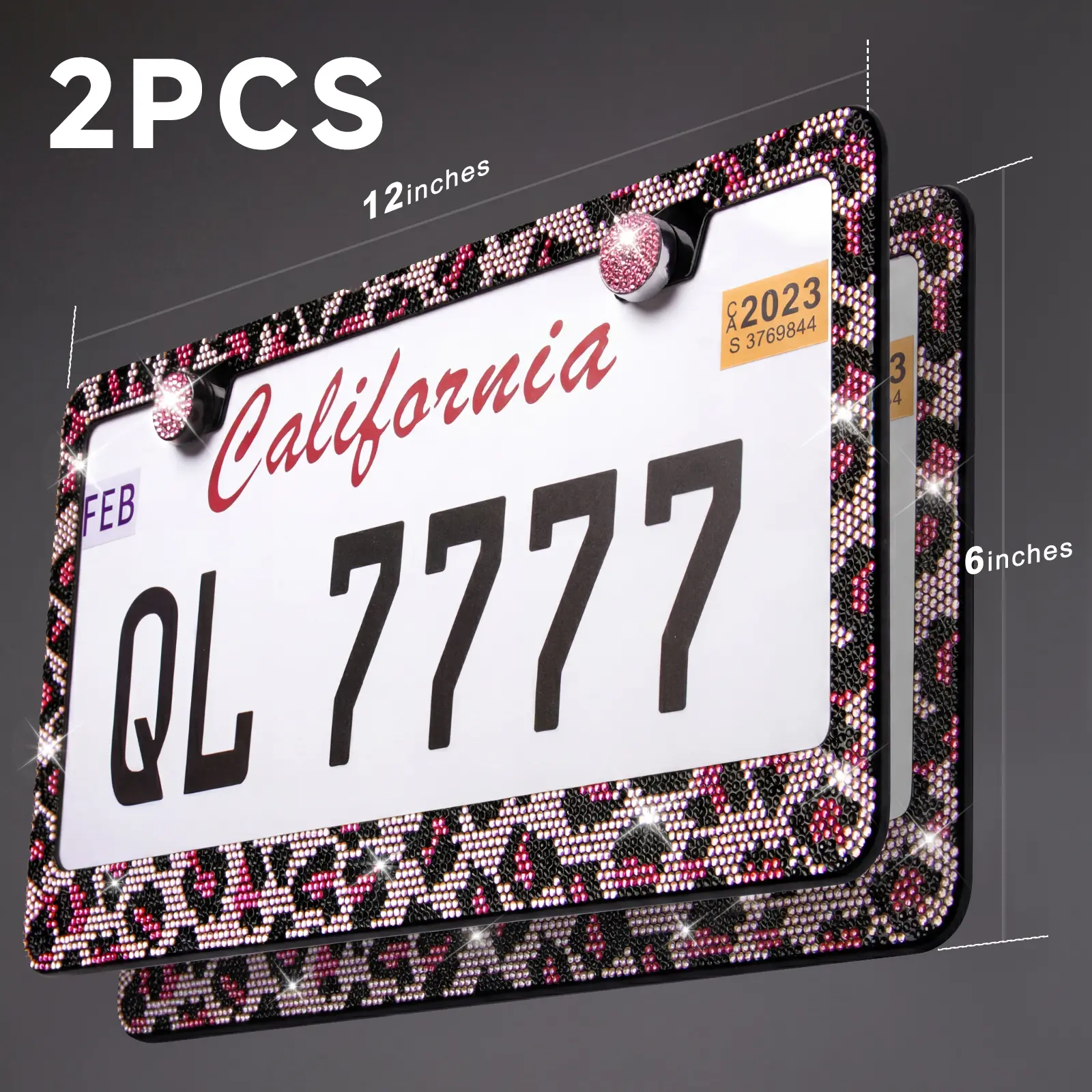 2PCS Bling Leopard License Plate Frames with Crystal Rhinestones