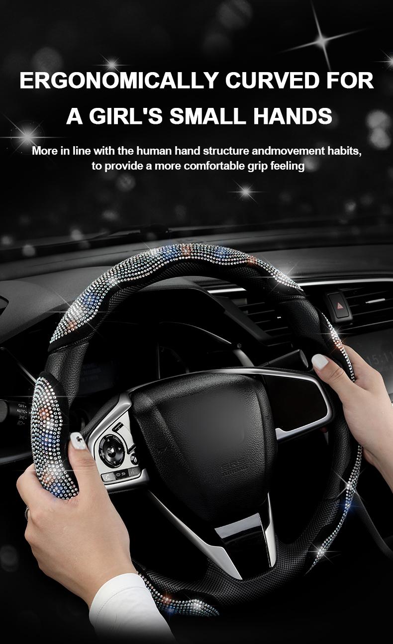 Queen's Land Sparkly Universal Steering Wheel Cover with Crystal Rhinestones Diamond Bling Car Decor Gift for Girls Women Red Pink Purple Black Car Accessories for Truck SUV