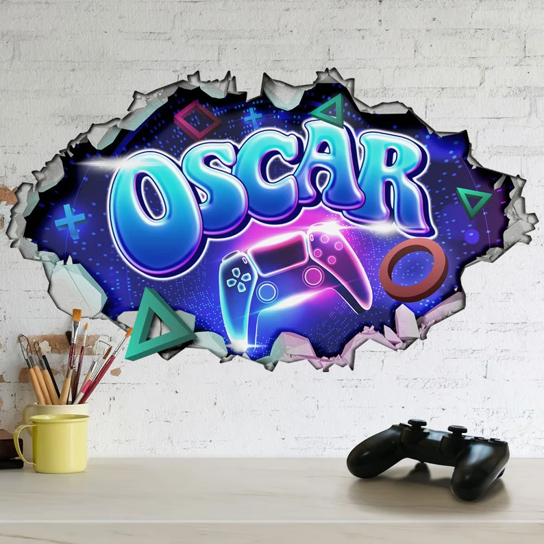 Personalised Large Sized 3D Cracked Wall Effect Gamer Wall Decal/Sticker