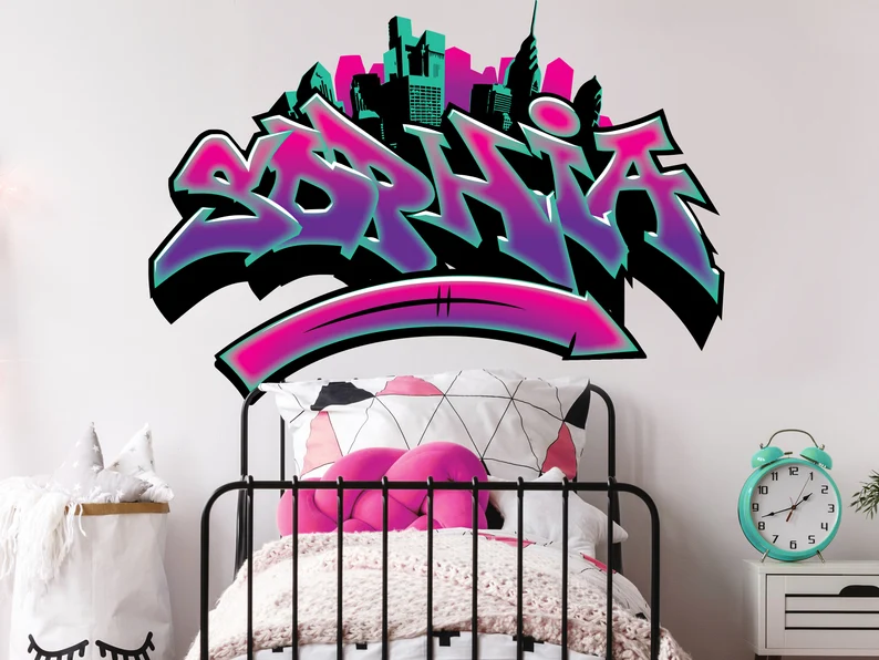 Personalized Name Graffiti Urban City And Arrow Wall Art -Teen Room Decal