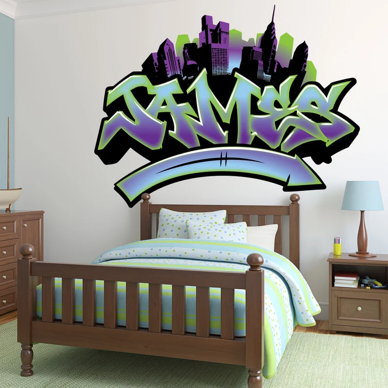 Personalized Name Graffiti Urban City And Arrow Wall Art -Teen Room Decal
