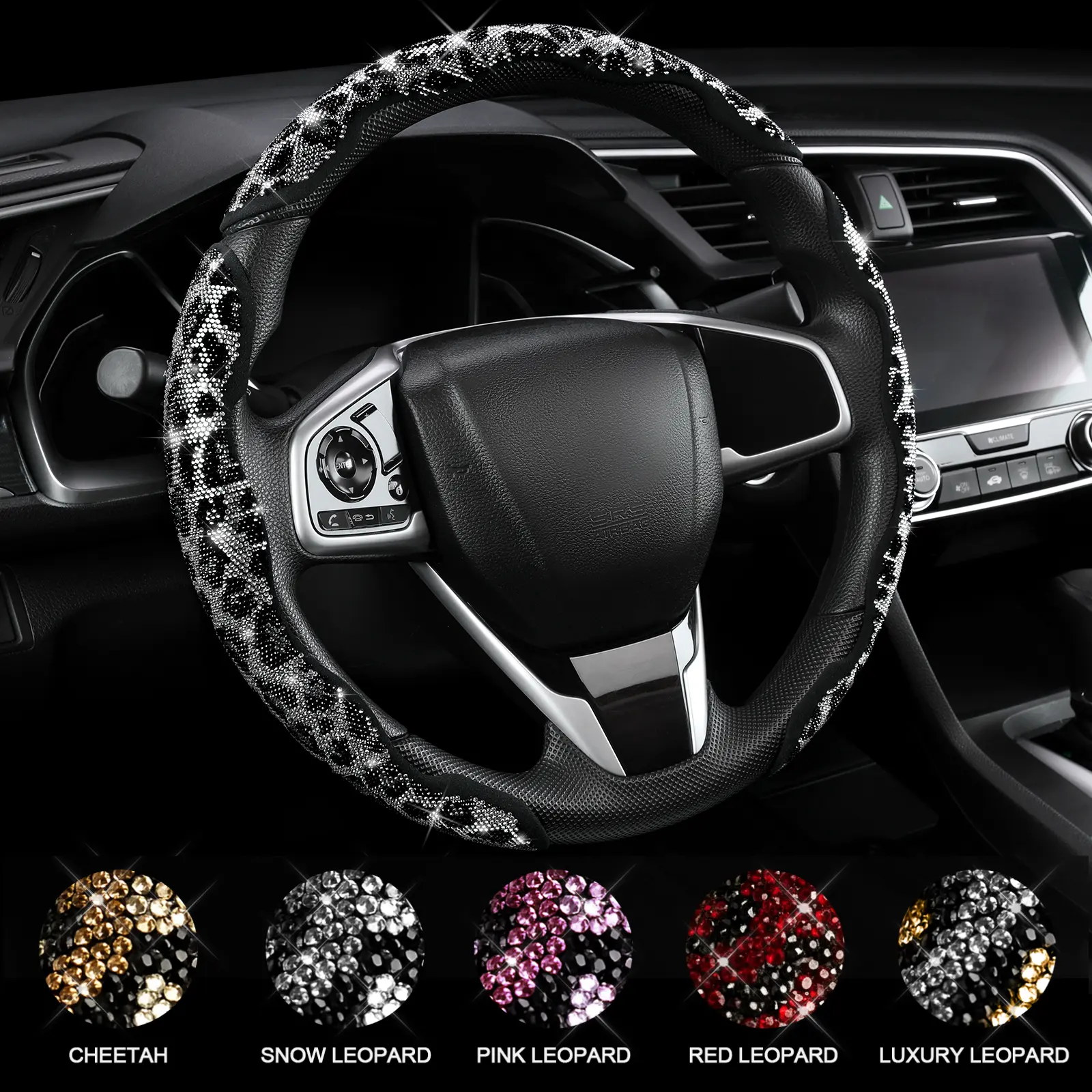 Leopard Print Diamond Bling Steering Wheel Cover