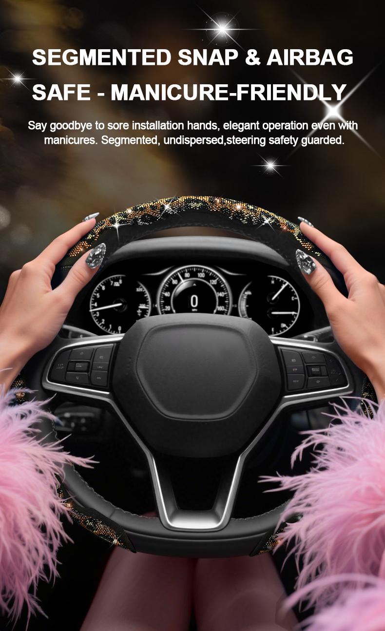 Queen's Land Leopard Universal Steering Wheel Cover with Crystal Rhinestones Diamond Bling Car Cheetah Decor Gift for Girls Women Pink Red Black Leopard Car Accessories for Truck SUV