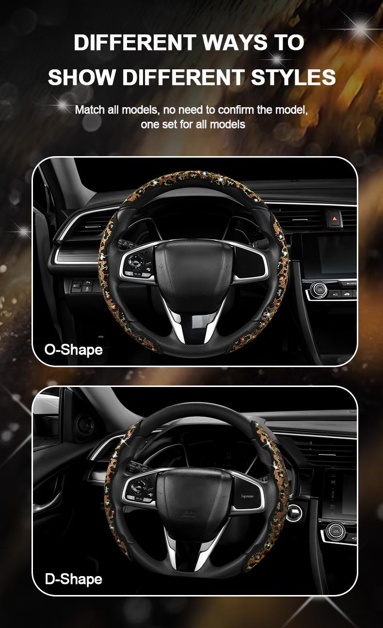 Queen's Land Leopard Universal Steering Wheel Cover with Crystal Rhinestones Diamond Bling Car Cheetah Decor Gift for Girls Women Pink Red Black Leopard Car Accessories for Truck SUV