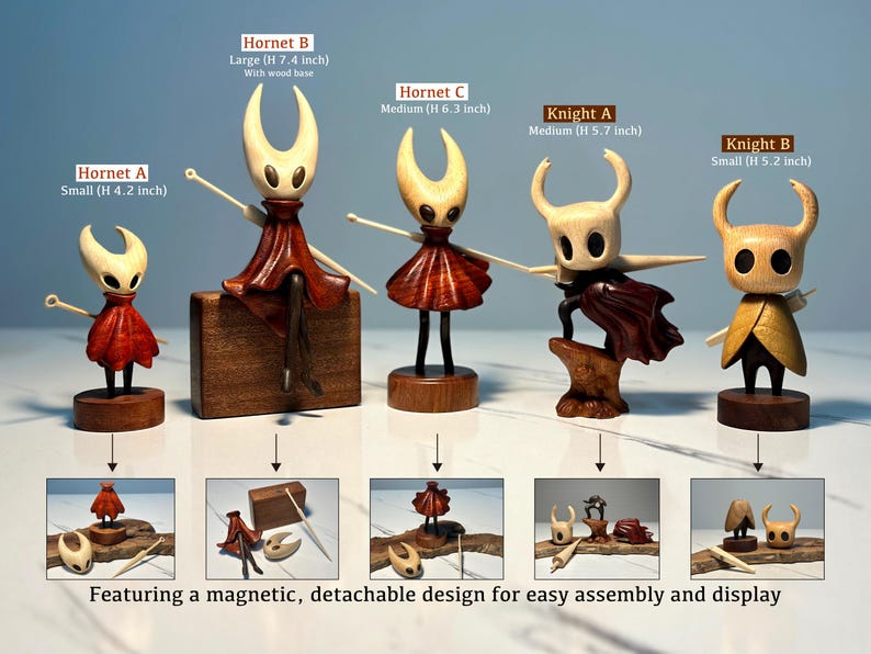 Hollow Knight Inspired Walnut Wood Sculpture • Magnetic Detachable Figurine