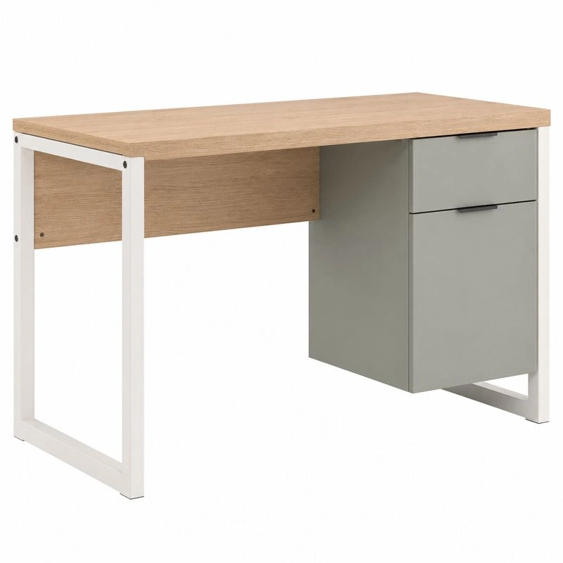 Escritorio moderno con cajonera lateral acabado beige claro y madera natural 112 x 50 cm-orderlumo