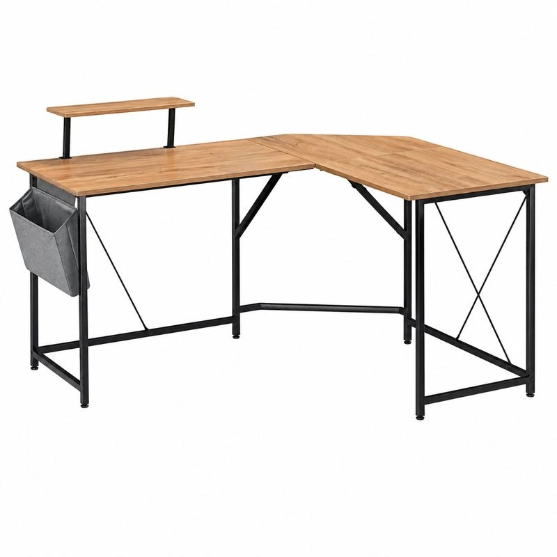 Escritorio esquinero en L moderno con estante elevado y organizador lateral 180x140 cm acabado madera natural-orderlumo