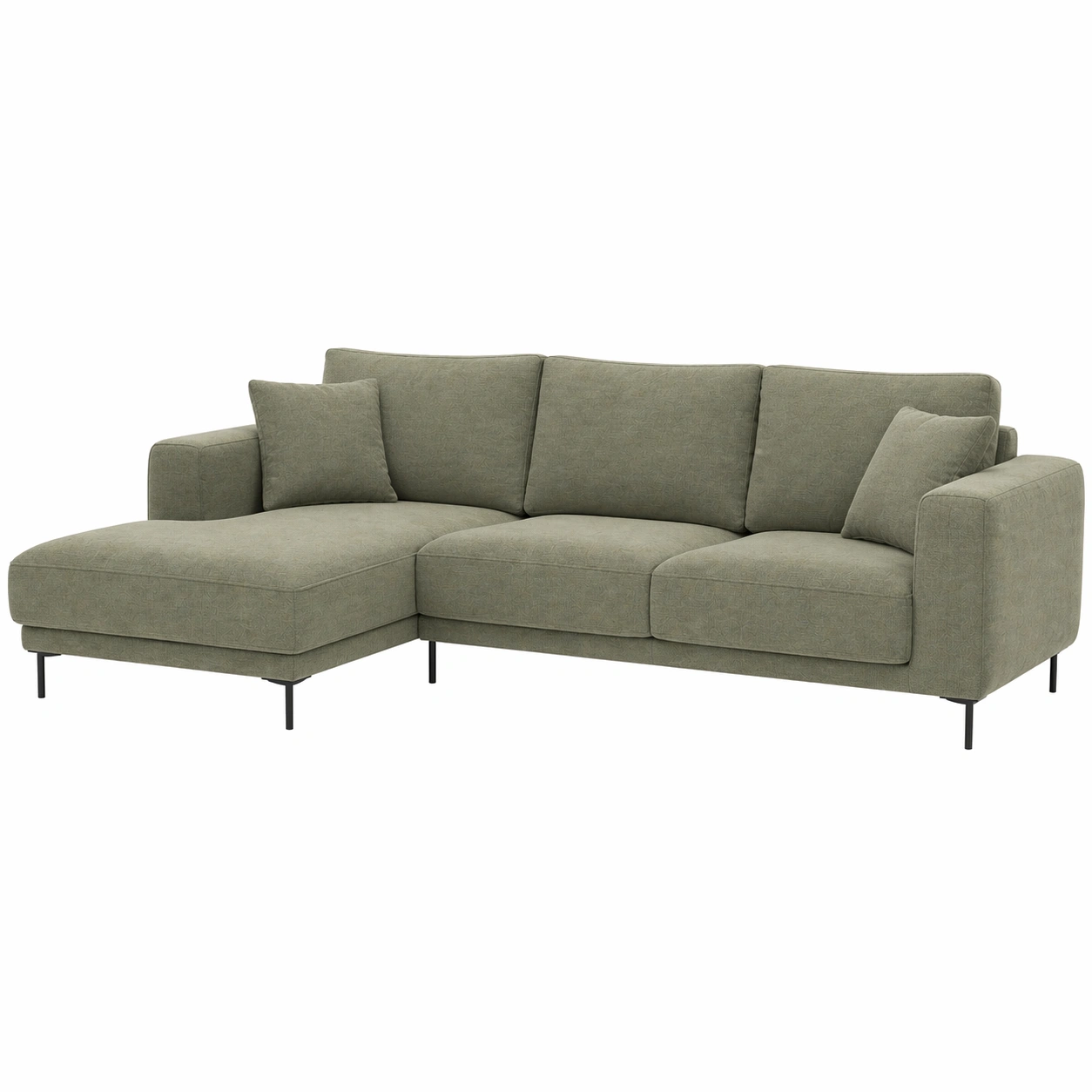 Sofá chaise longue moderno de 3 plazas con patas metálicas elevadas en tela verde suave:-orderlumo