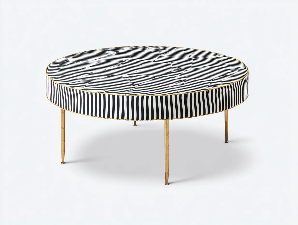 Mesa de centro redonda tapizada con patas metálicas 92 x 92 x 41 cm - negro y blanco y dorado - estilo gráfico para salón
