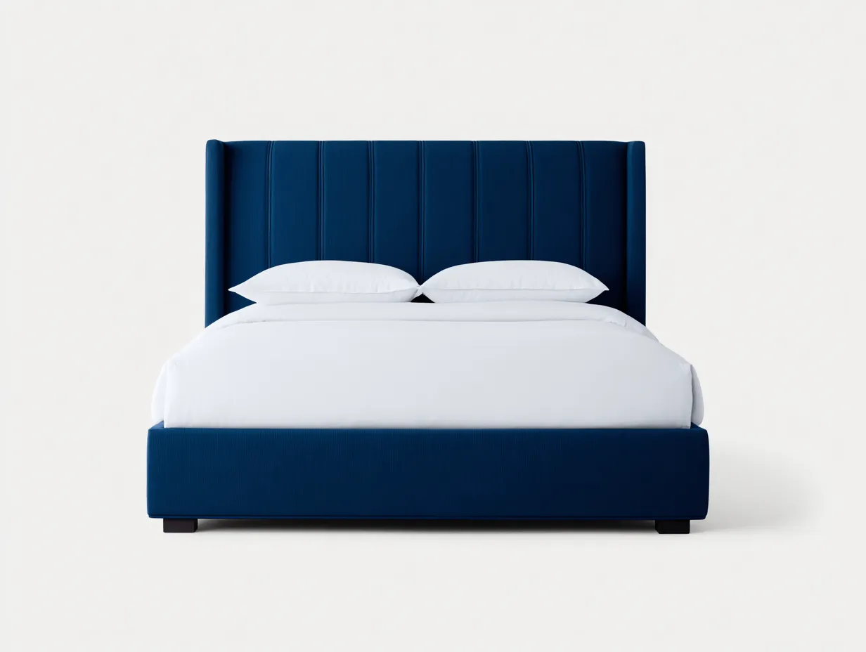 Cama doble tapizada con cabecero alto acanalado 200x180x128 cm - azul índigo - para dormitorio - estilo contemporáneo envolvente