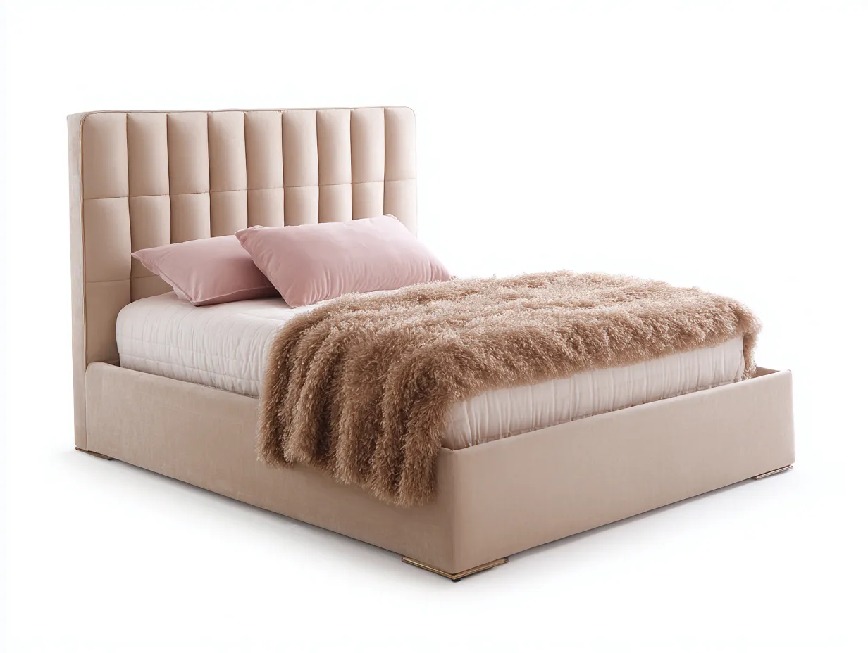 Cama doble tapizada con cabecero geométrico alto 200x160x122 cm - beige empolvado - para dormitorio - estilo sofisticado contemporáneo