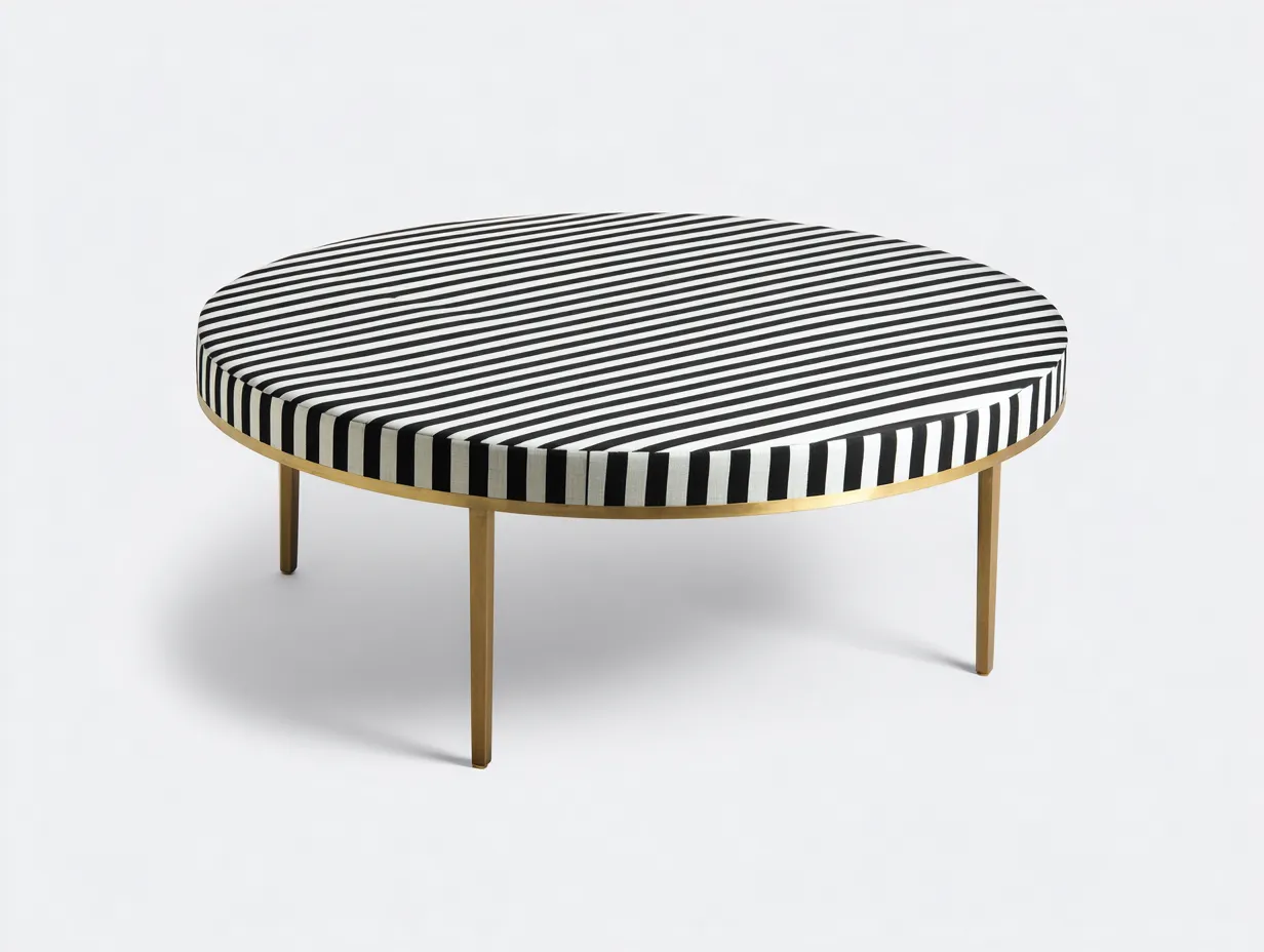 Mesa de centro redonda tapizada con estructura metálica 90 x 90 x 42 cm - negro y blanco y dorado - diseño decorativo para salón