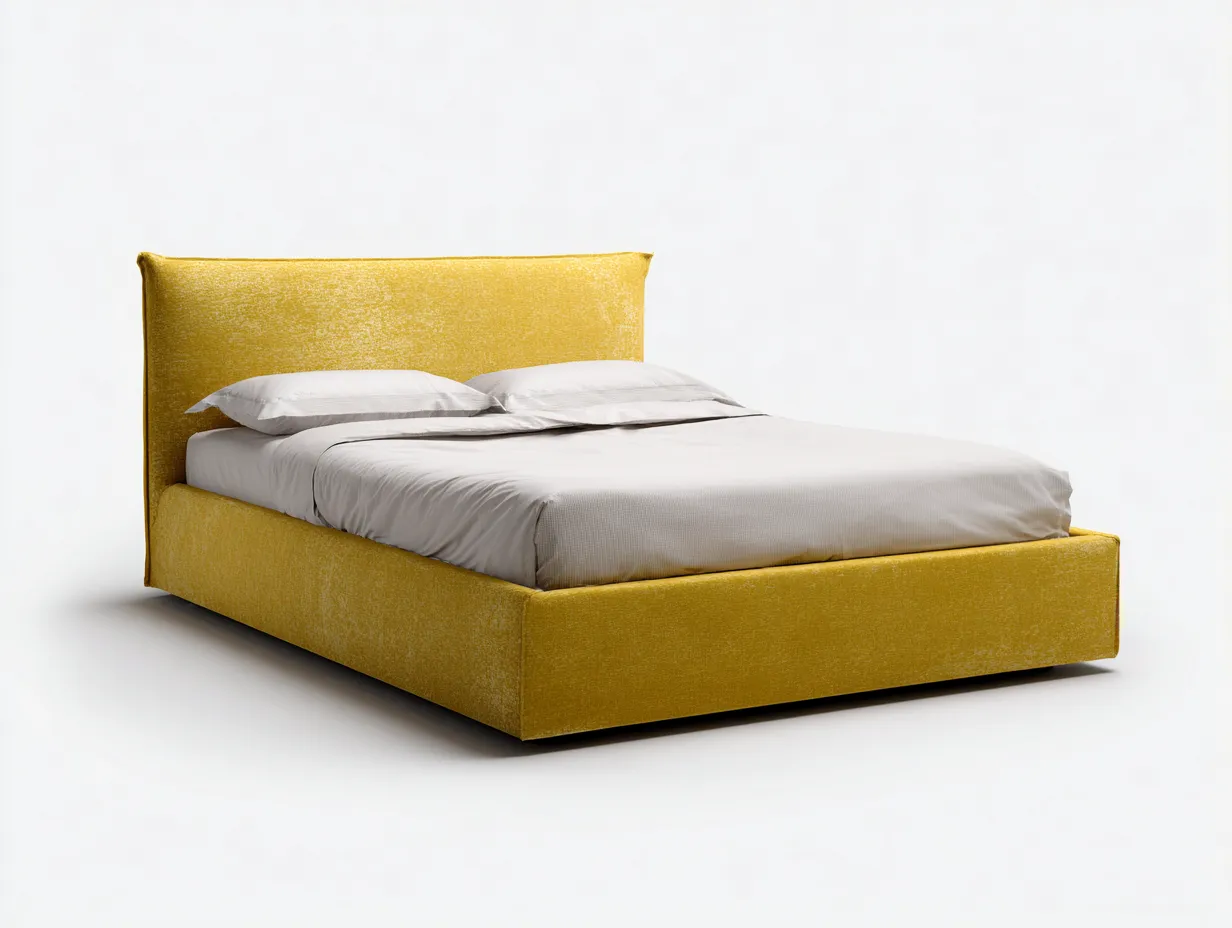 Cama doble tapizada con cabecero recto 200x160x108 cm - amarillo mostaza - para dormitorio - estilo moderno vibrante