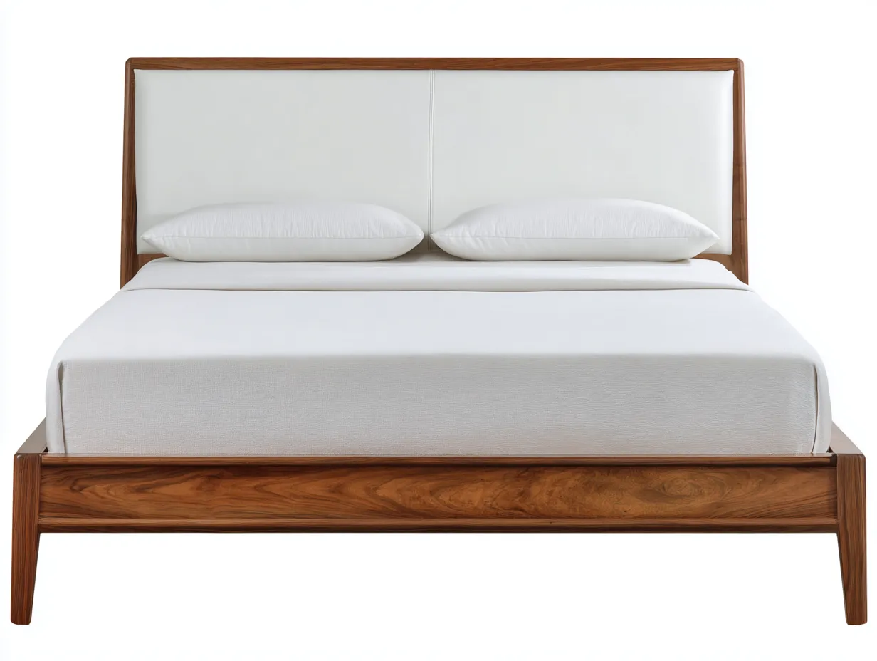 Cama doble con cabecero tapizado y estructura de madera 200x160x108 cm - marrón nogal y blanco roto - para dormitorio - estilo moderno sereno