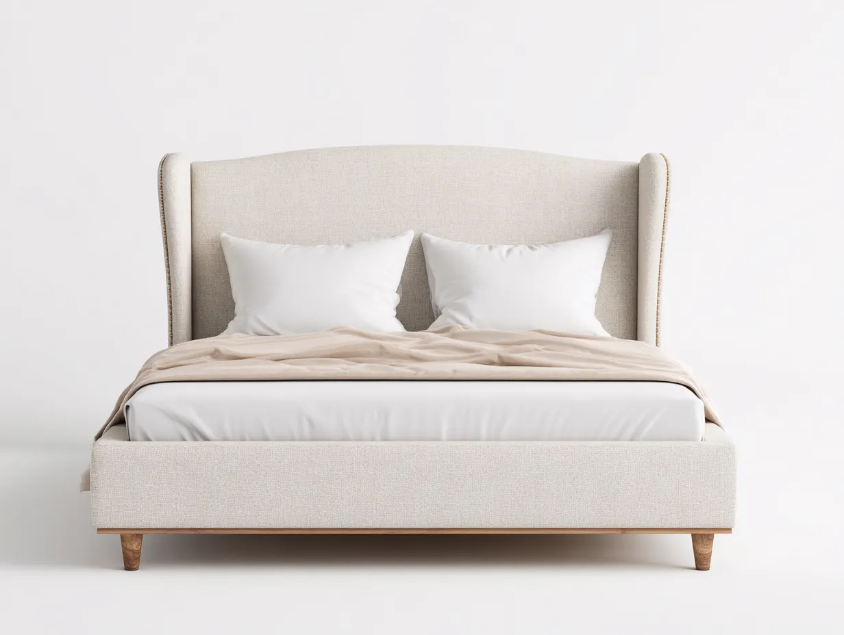 Cama doble tapizada con cabecero curvo envolvente 200x160x120 cm - marfil suave - para dormitorio - estilo elegante relajado