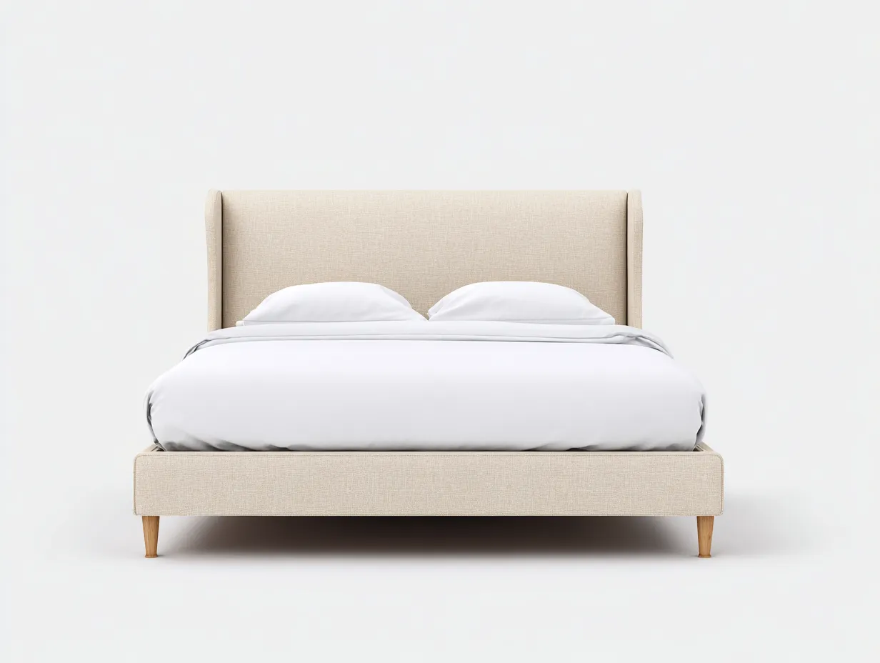 Cama doble tapizada con cabecero alto lateral 200x180x112 cm - beige lino - para dormitorio - estilo nórdico suave