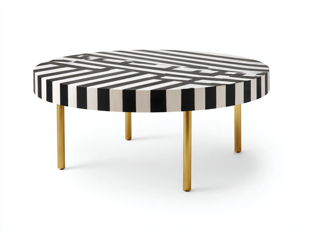Mesa de centro redonda con tablero geométrico y patas doradas 96 x 96 x 39 cm - negro y blanco y dorado - estilo art déco para salón
