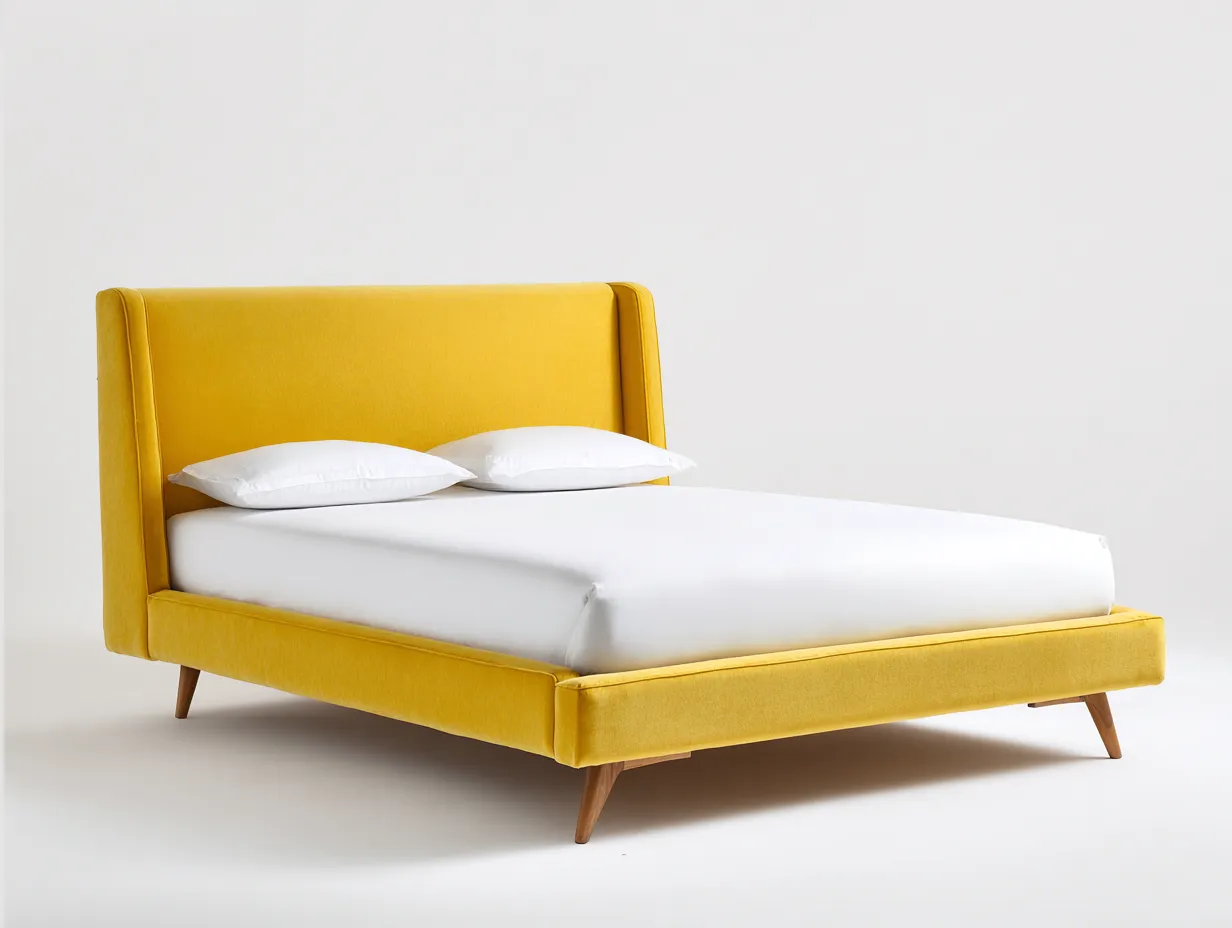 Cama doble tapizada con cabecero lateral envolvente 200x160x112 cm - amarillo dorado - para dormitorio - estilo moderno luminoso