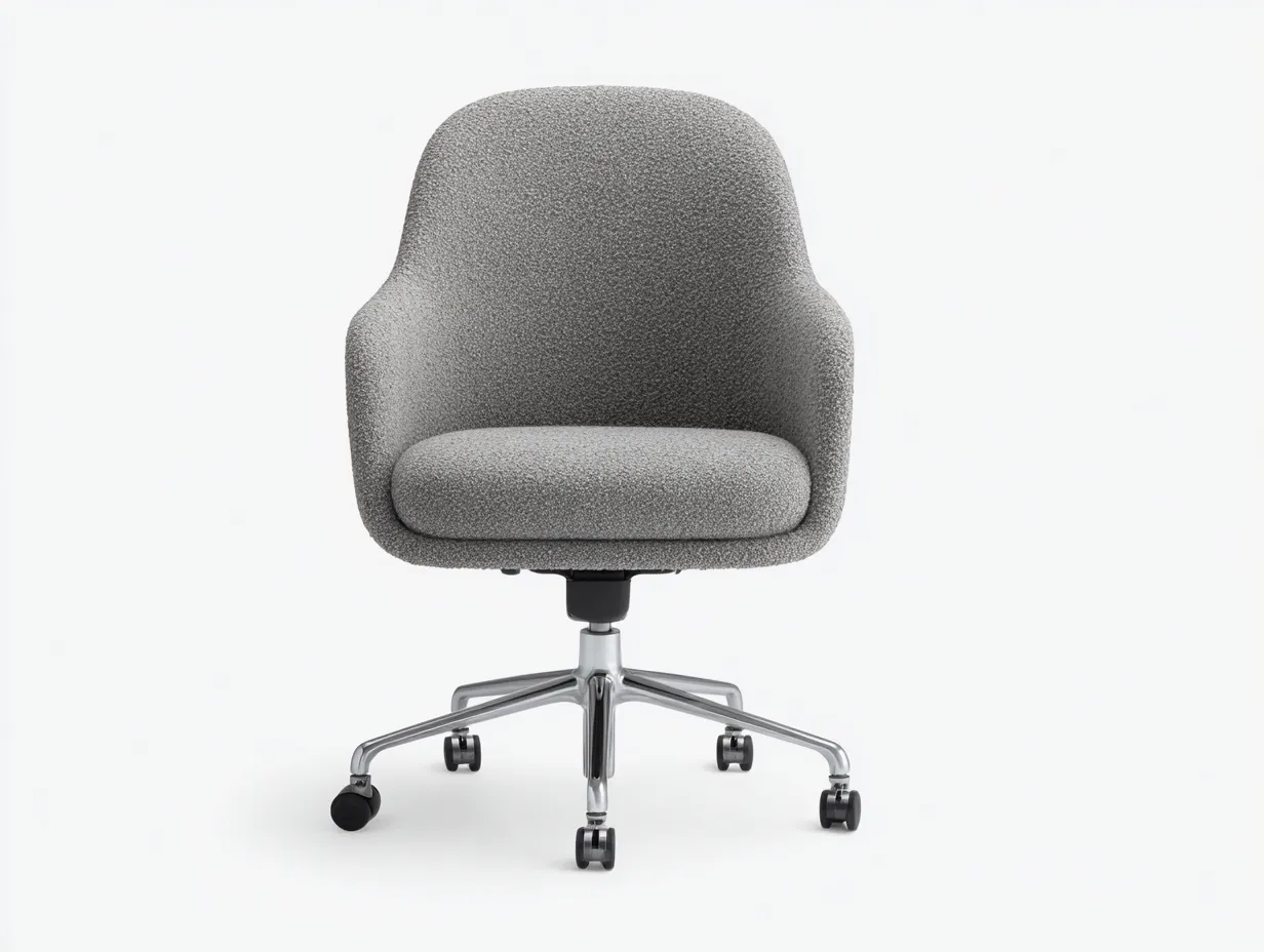 Sillas de oficina 68x64x87 cm - sillón giratorio tapizado en bouclé gris con base metálica plateada y ruedas - diseño envolvente moderno