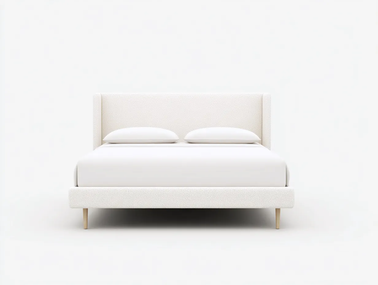 Cama doble tapizada 200x160x110 cm - blanco roto y color madera clara - para dormitorio - estilo minimalista acogedor