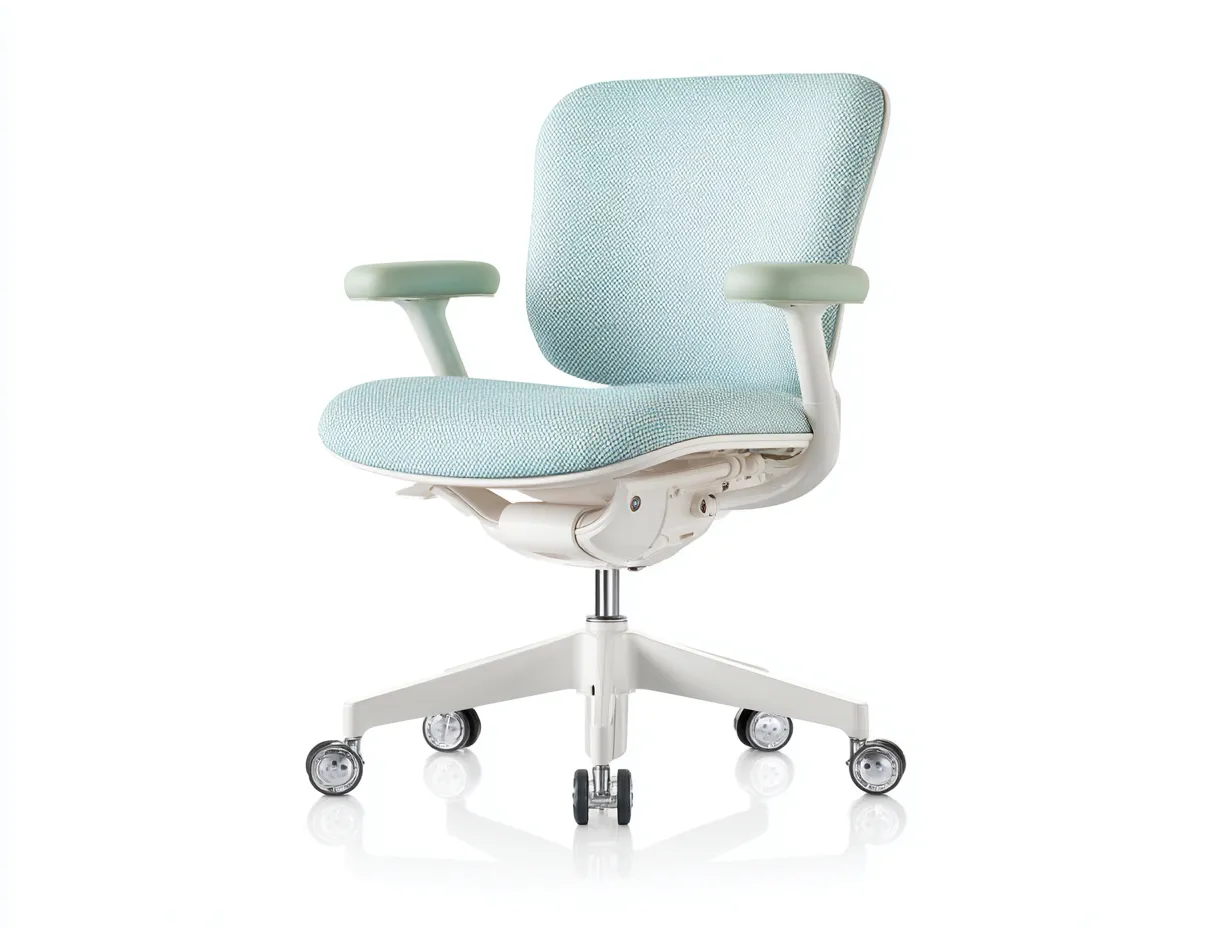 Sillas de oficina 64x61x90 cm - silla ergonómica giratoria tapizada en tela azul claro con estructura blanca y ruedas - diseño actual para oficina y estudio