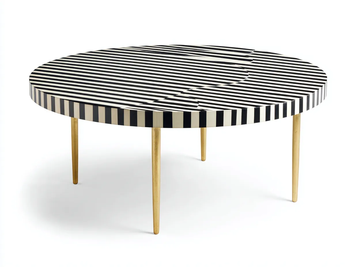 Mesa de centro redonda con tablero decorativo y patas metálicas 94 x 94 x 40 cm - negro y blanco y dorado - diseño contemporáneo para salón