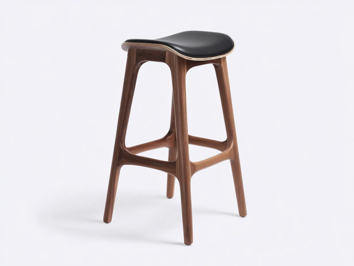 Taburete de bar de madera con asiento ergonómico tapizado 44x40x78 cm - nogal oscuro y negro - para barra y cocina - estilo orgánico contemporáneo