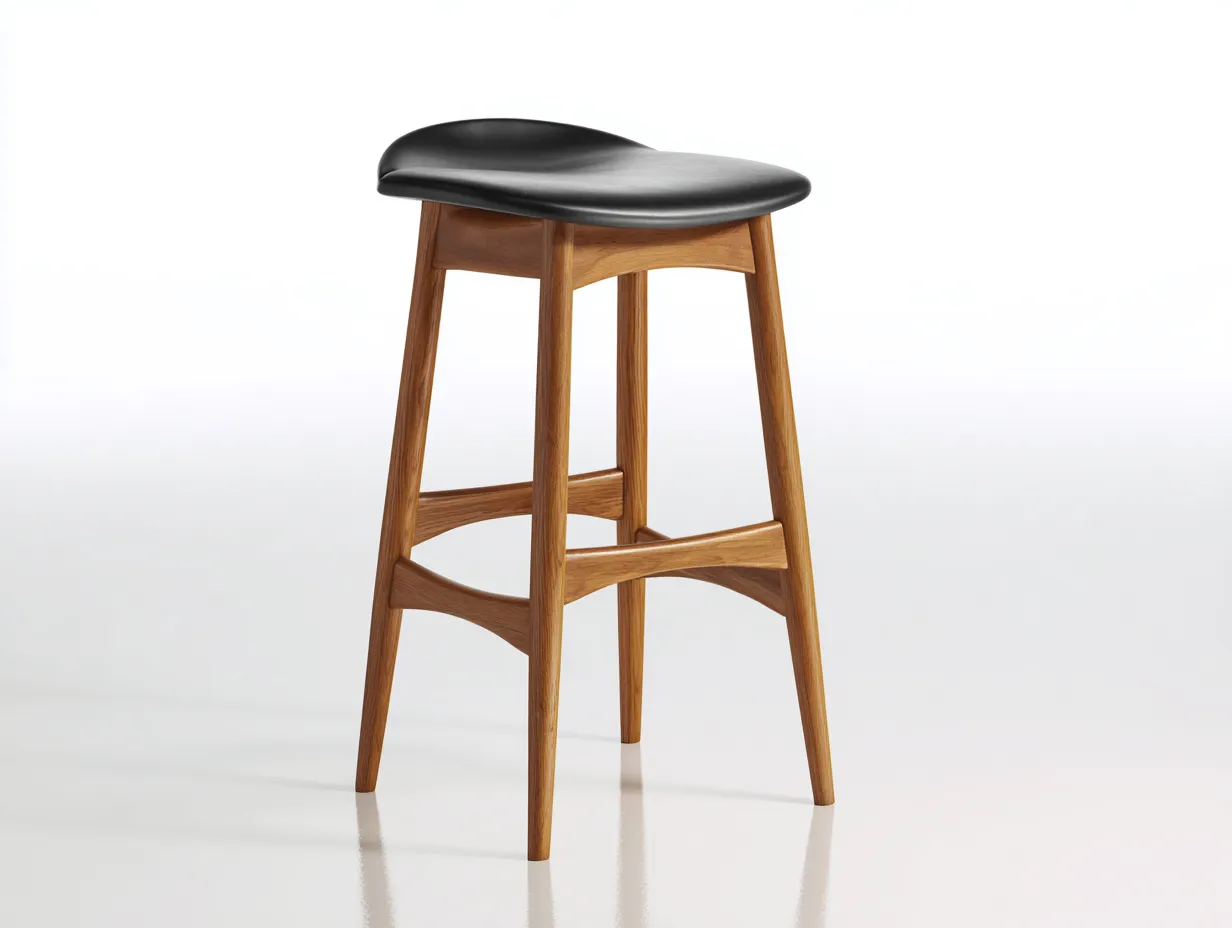 Taburete de bar de madera con asiento ergonómico tapizado 43x40x77 cm - roble miel y negro - para barra y cocina - estilo mid-century contemporáneo