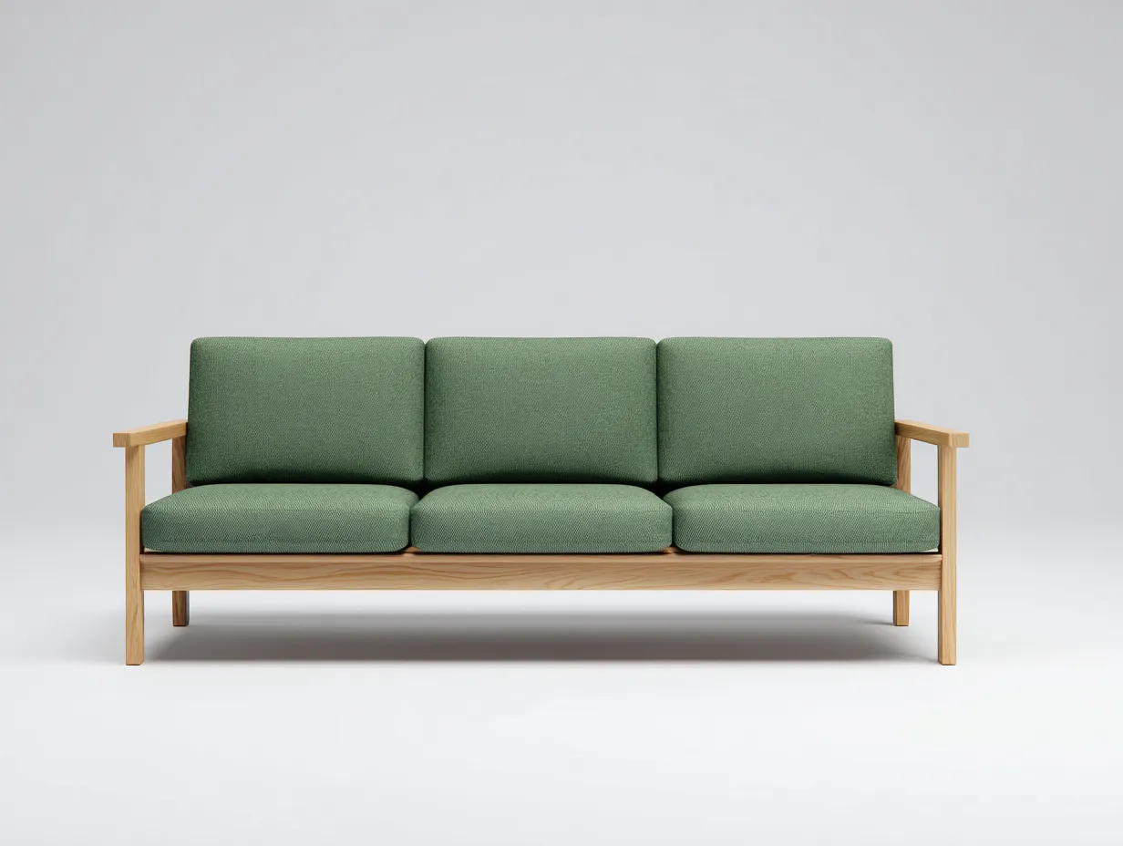 Sofás 3 plazas 198x78x82 cm - sofá tapizado verde con estructura color natural para exterior cubierto - diseño nórdico para jardín y terraza