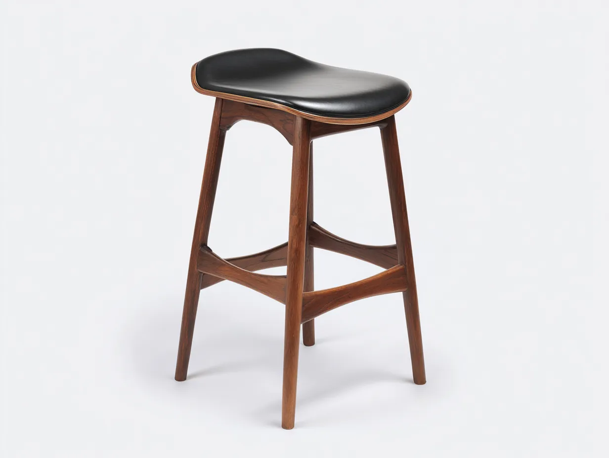 Taburete de bar de madera con asiento curvado tapizado 44x41x76 cm - nogal medio y negro - para barra y cocina - estilo moderno de inspiración retro