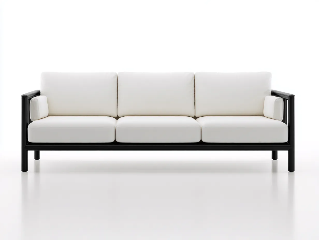 Sofás de exterior 214x82x78 cm - sofá de 3 plazas con estructura negra y cojines blancos - diseño minimalista para terraza y jardín