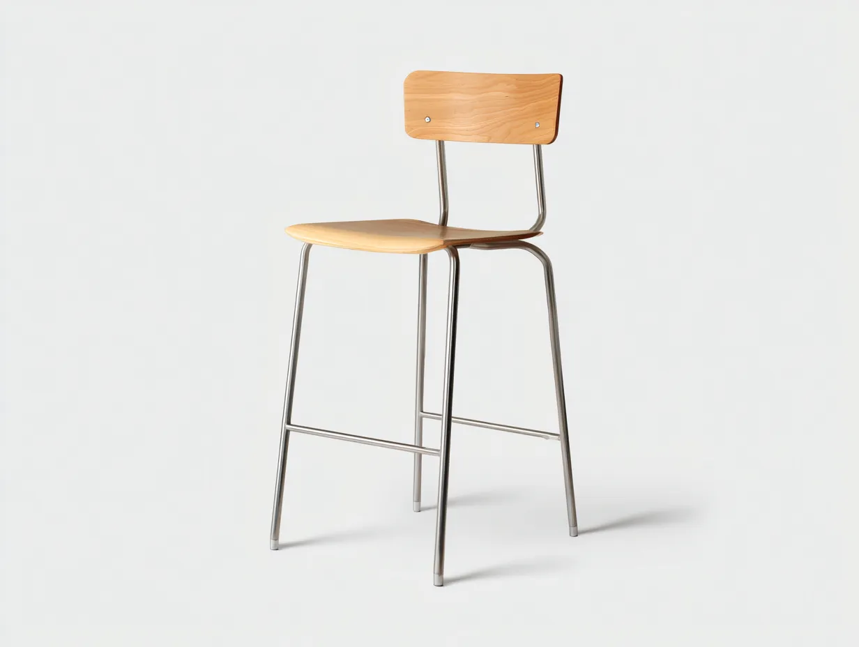 Taburete de bar con respaldo recto de madera y estructura metálica 44x42x101 cm - haya natural y plateado - para barra y cocina - estilo industrial ligero