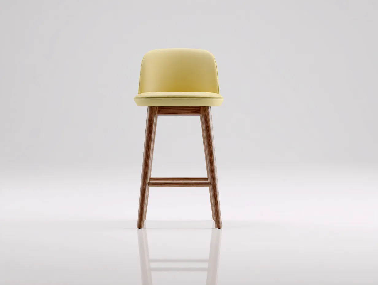 Taburete de bar con asiento envolvente tapizado y base de madera 46x43x100 cm - amarillo crema y roble medio - para barra y cocina - estilo contemporáneo suave