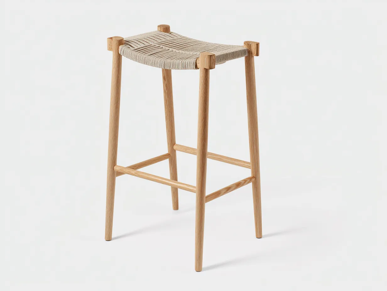 Taburete de bar de madera con asiento tejido 41x39x74 cm - roble claro y beige natural - para barra y cocina - estilo nórdico artesanal