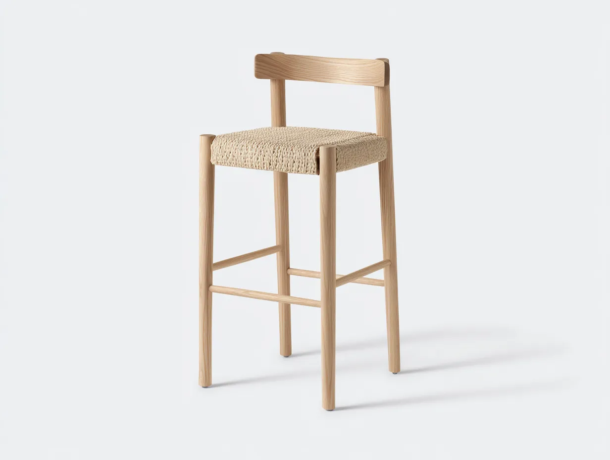 Taburete de bar de madera con respaldo bajo y asiento tejido 43x41x92 cm - roble claro y beige natural - para barra y cocina - estilo nórdico funcional
