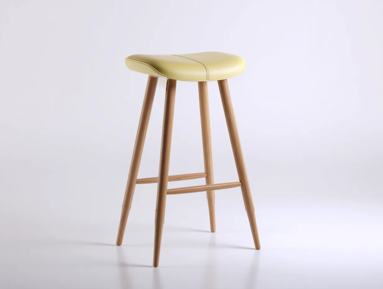 Taburete de bar con asiento curvado tapizado y patas de madera 42x40x78 cm - amarillo suave y roble claro - para barra y cocina - estilo nórdico contemporáneo