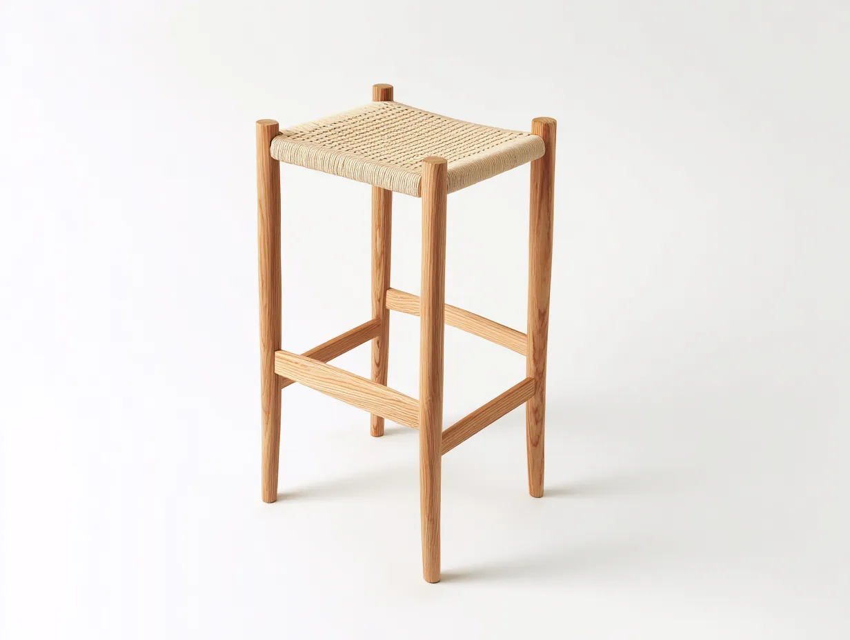 Taburete de bar de madera con asiento cuadrado tejido 40x40x75 cm - roble natural y beige arena - para barra y cocina - estilo minimalista escandinavo